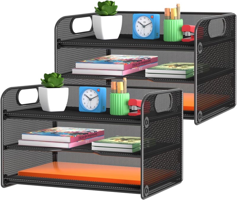 Samstar 2 Pack 3 Tier Letter Tray Paper Organizer with Handle, Mesh Desk Organizer Paper Sorter File Rack Shelves, Black - Image 1
